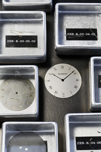 Dial of the Haldimann H11 with shovel-pointed hands on the workbench