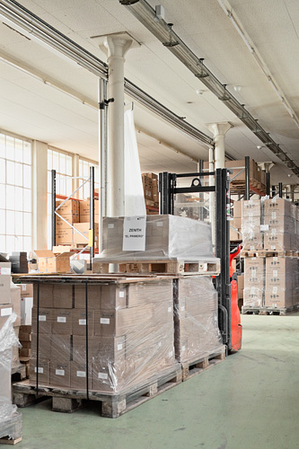 One of the lower floors of the Georges Favre-Jacot building currently serves as a storage facility for the marketing material